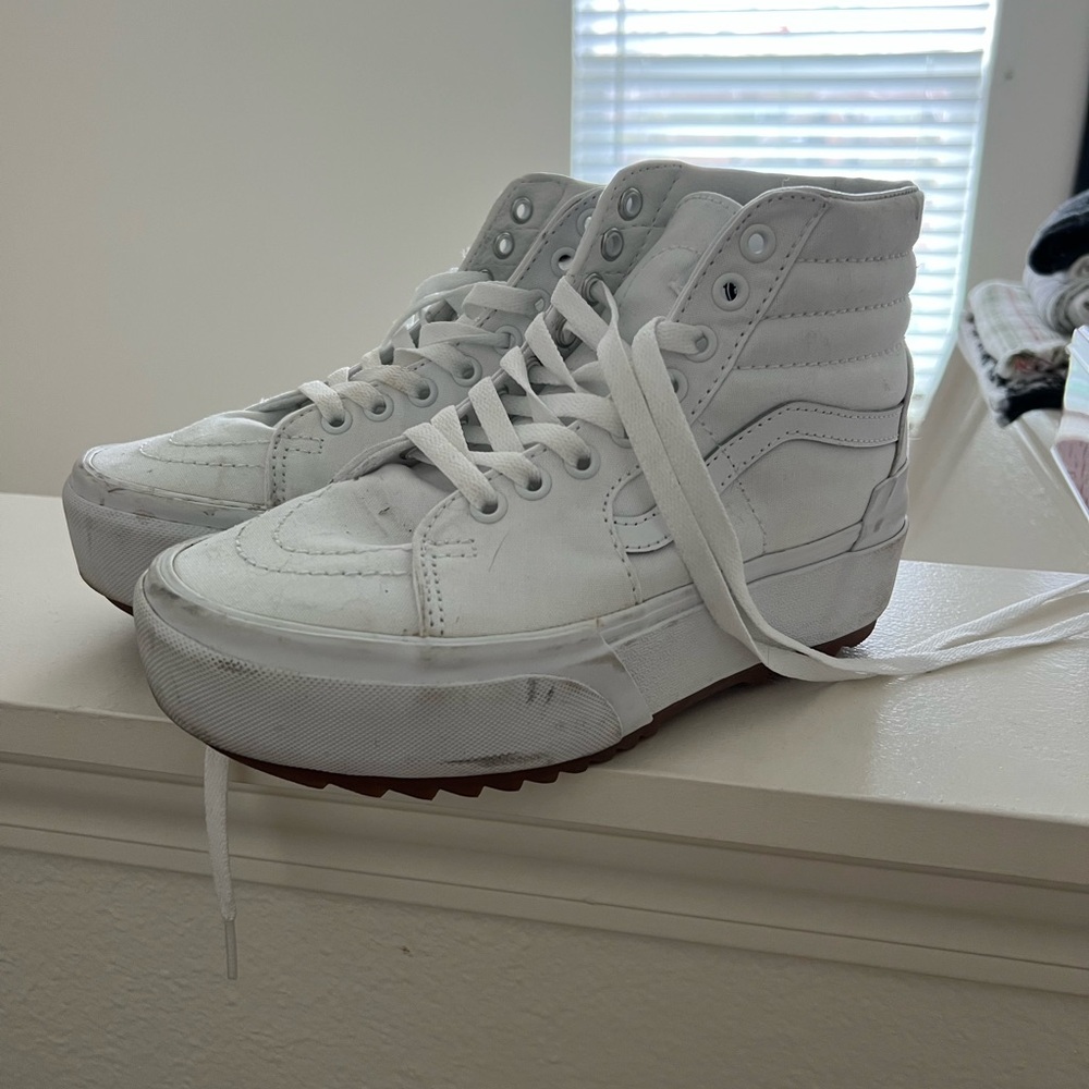Vans Sk8 Hi Stacked White Canvas High Top Platforms Sneakers